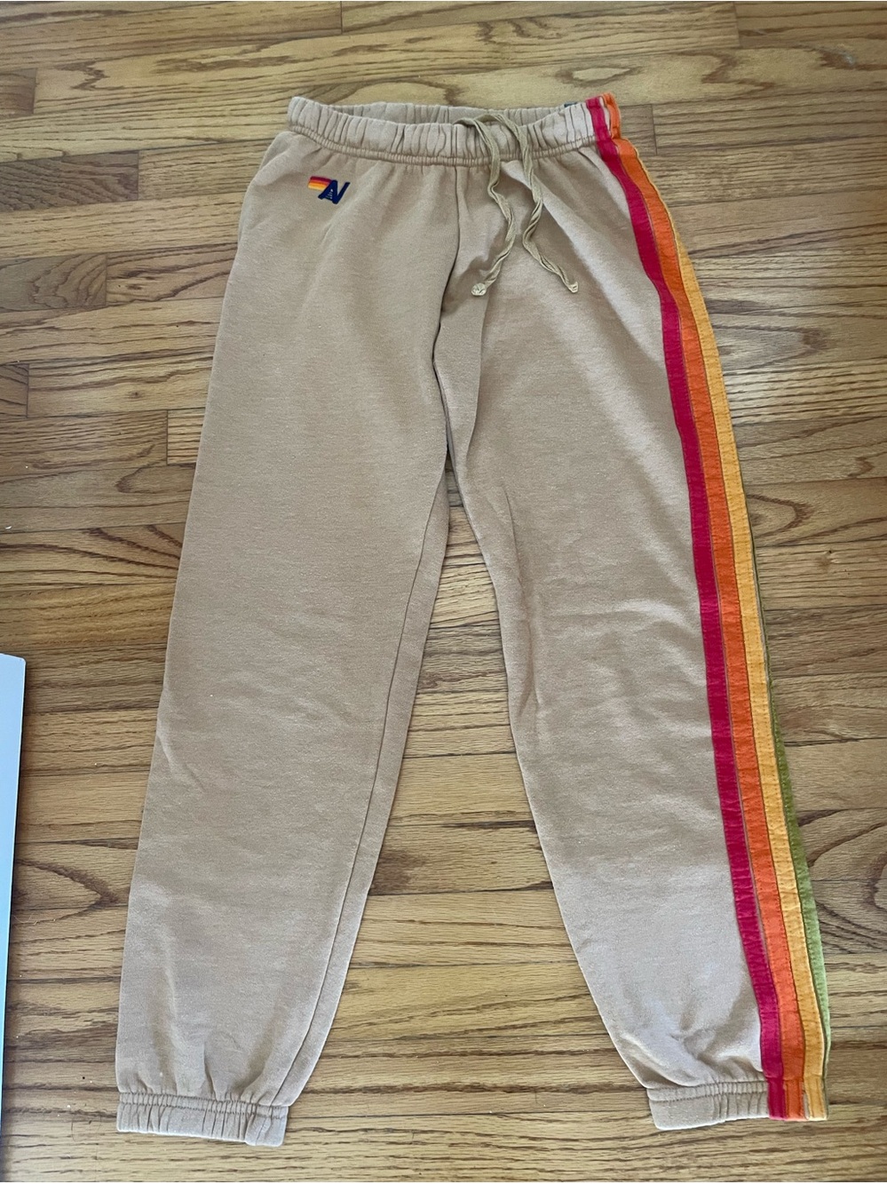 Aviator Nation women's tan Beige Jogger Pants with Rainbow 5 Side Stripe sz XS